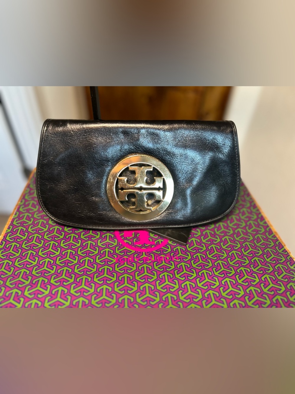 Tory Burch Black Leather Clutch with Gold Logo Medallion